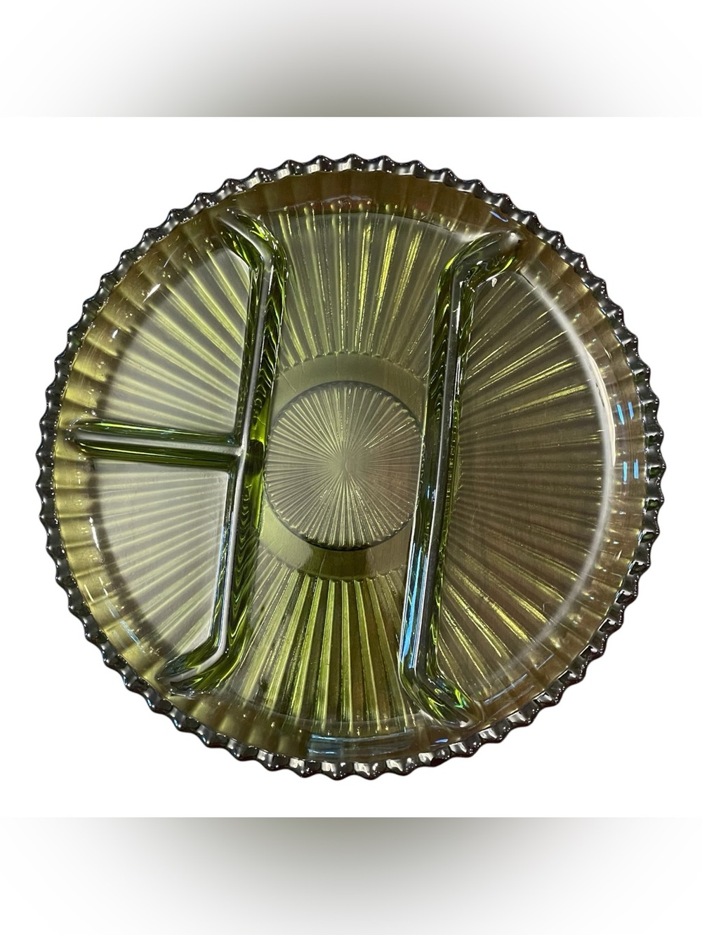 Vintage Indiana Glass Green Round 4 Section Divided Relish Dish Platter 10”